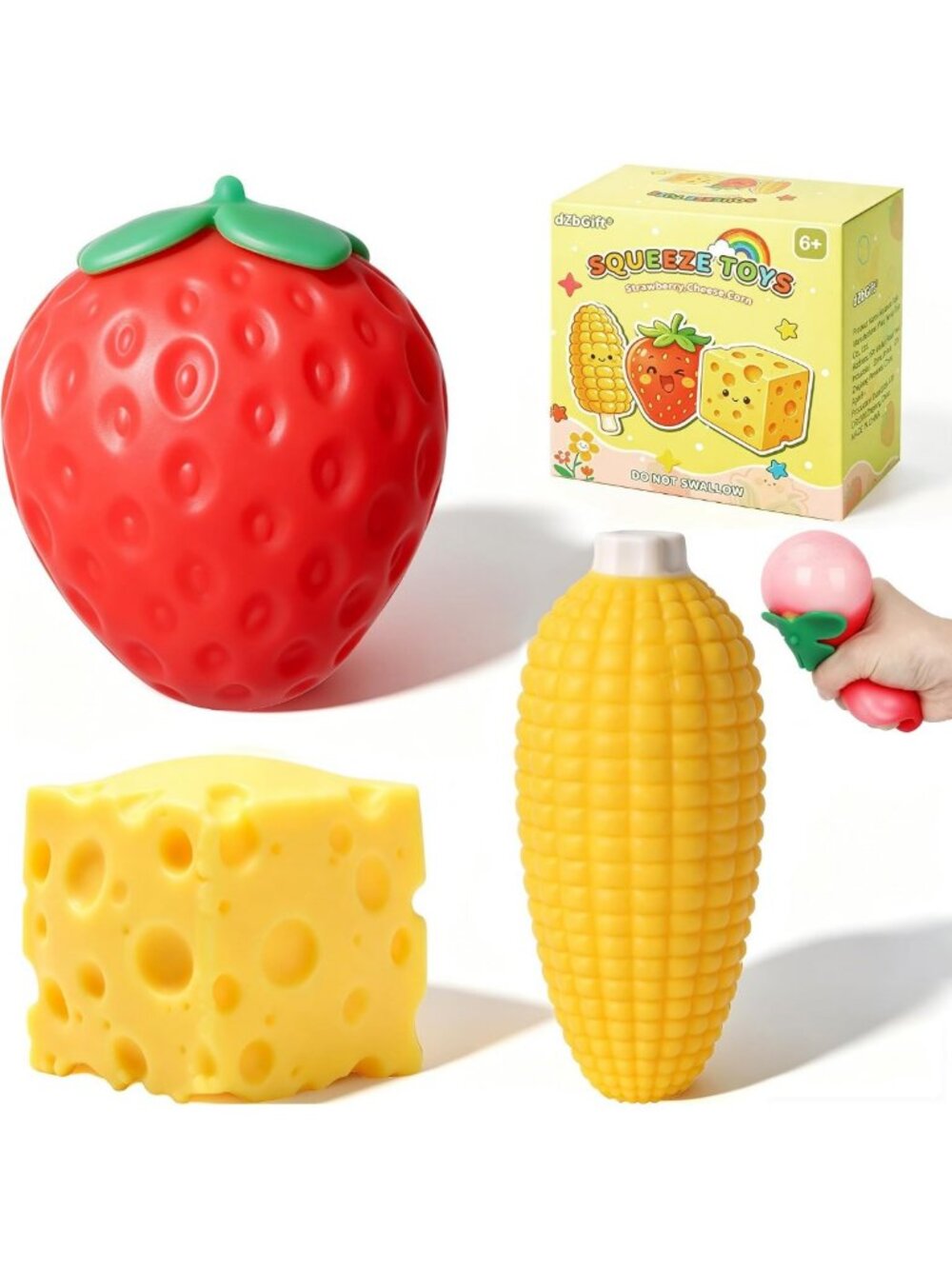3pcs Fruit Squishy Set - Cheese, Strawberry & Corn Squeeze Toys for Stress